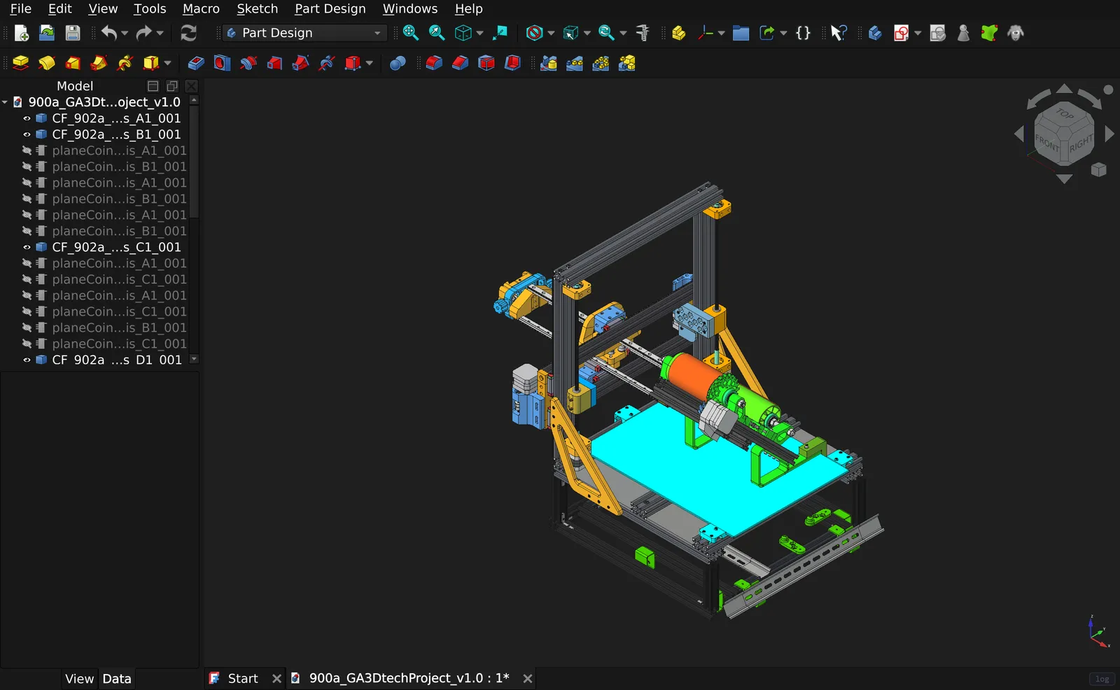 A 42 MB 3D printer assembly open in freecad-web