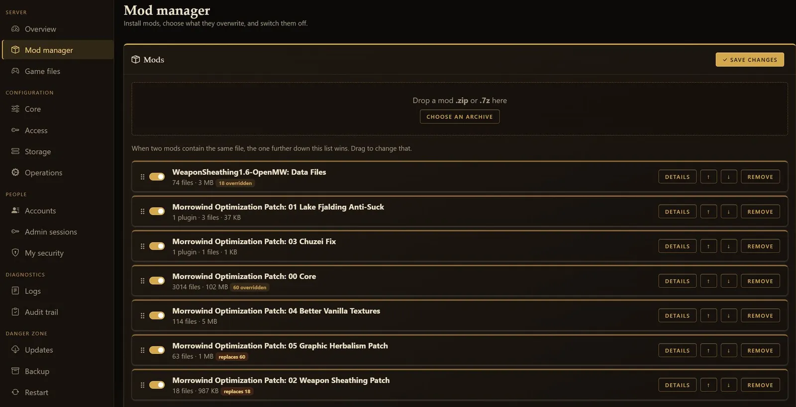 The admin dashboard's mod manager: the Morrowind Optimization Patch installed as six orderable parts alongside Weapon Sheathing, each with a toggle, drag handle, and badges showing which files it replaces or has overridden