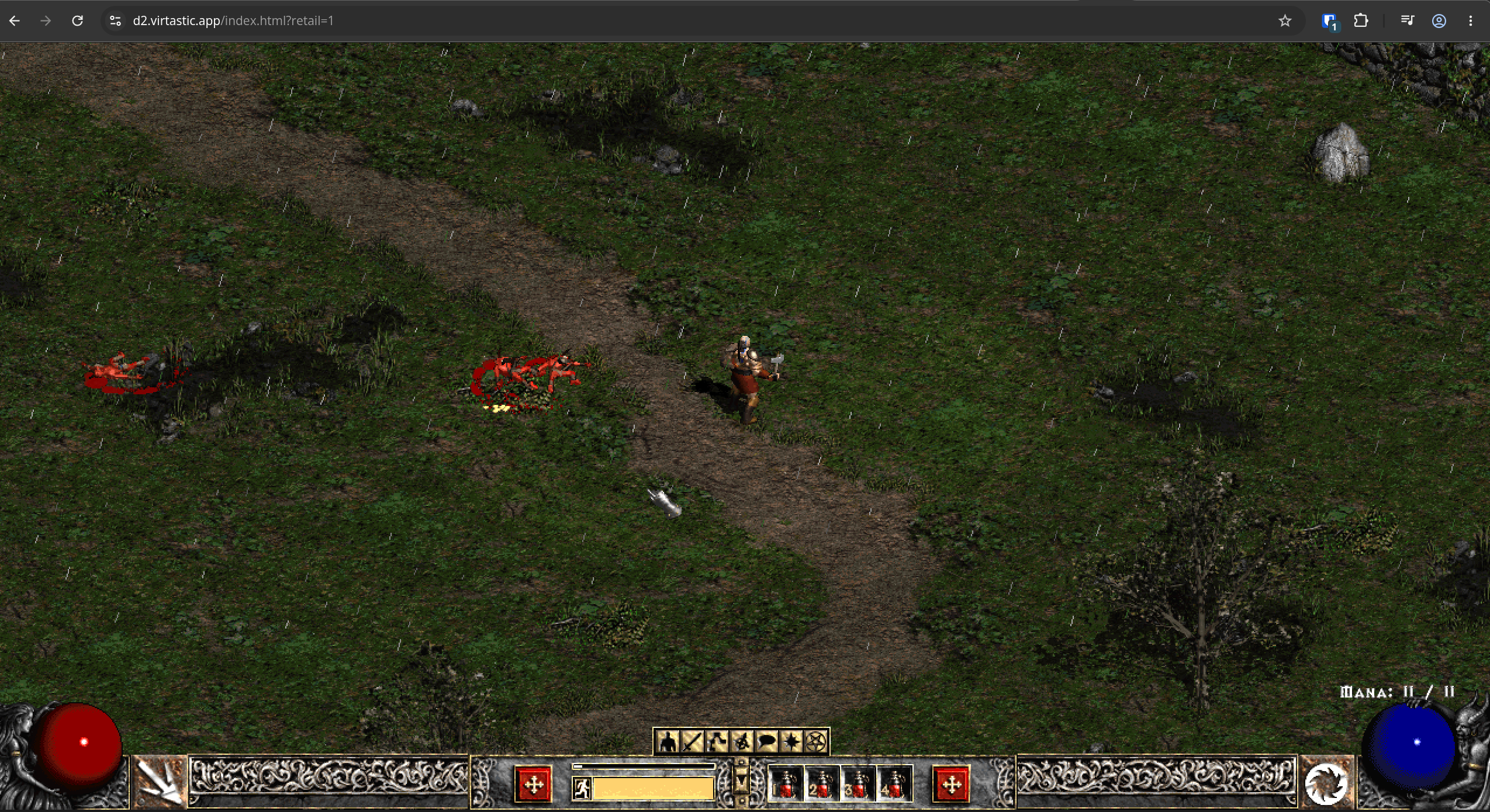 A Barbarian on a path through the Blood Moor in Act 1, running in a browser tab