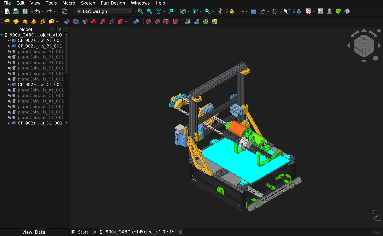 A 42 MB, 34-part assembly open in FreeCAD 1.1.3 running in a browser tab