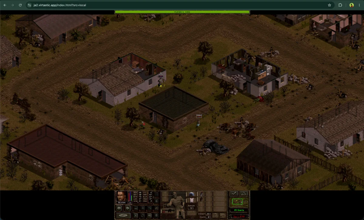 Jagged Alliance 2 tactical combat in Arulco, running in a Chrome browser