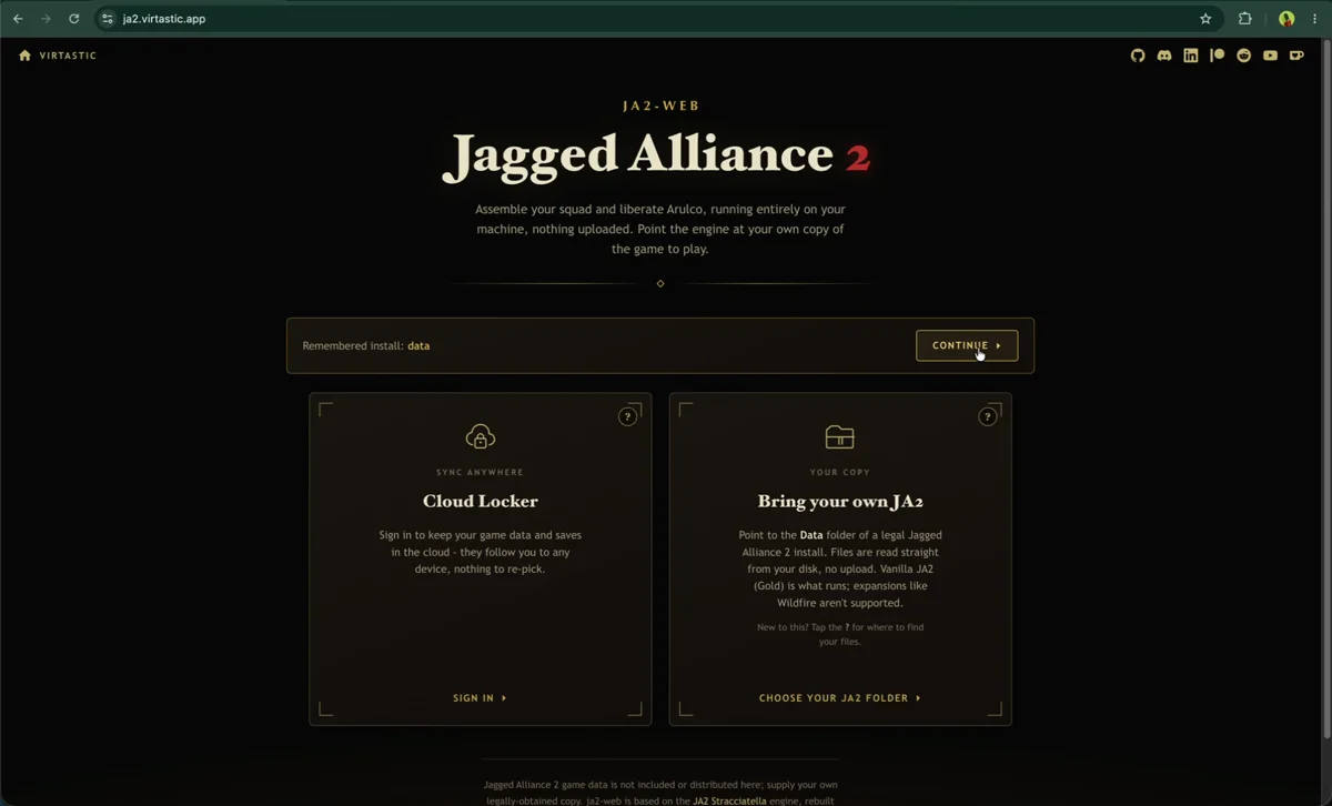 The ja2-web launcher in a browser, offering to load your own Jagged Alliance 2 data folder