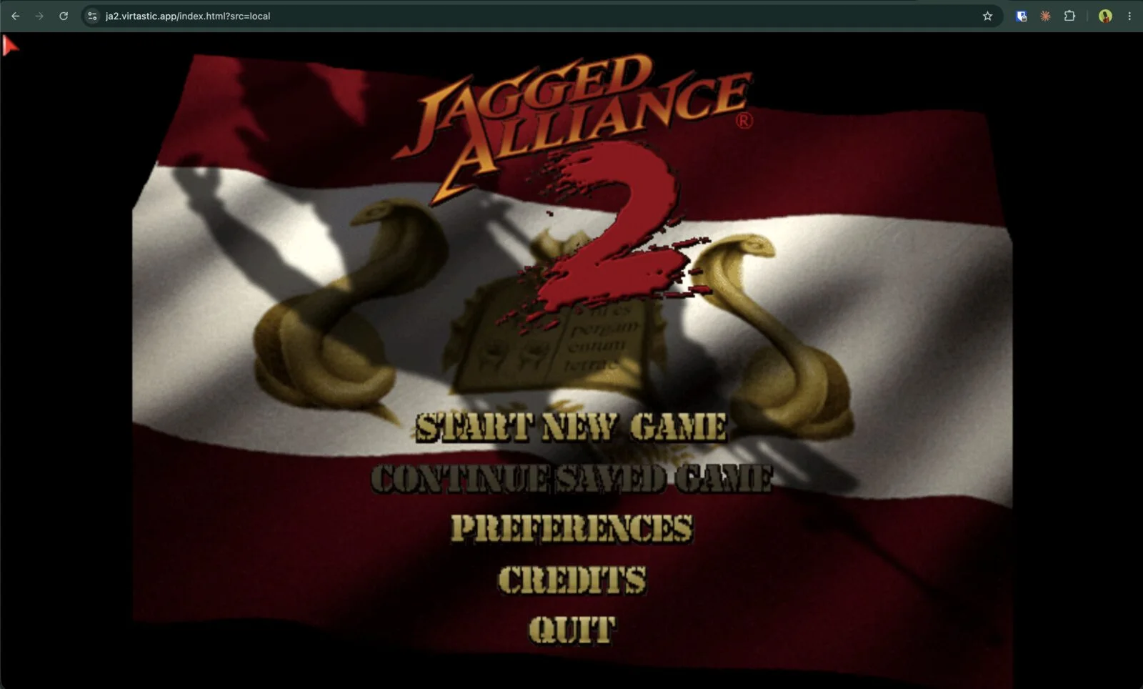 The Jagged Alliance 2 title screen rendered in a browser