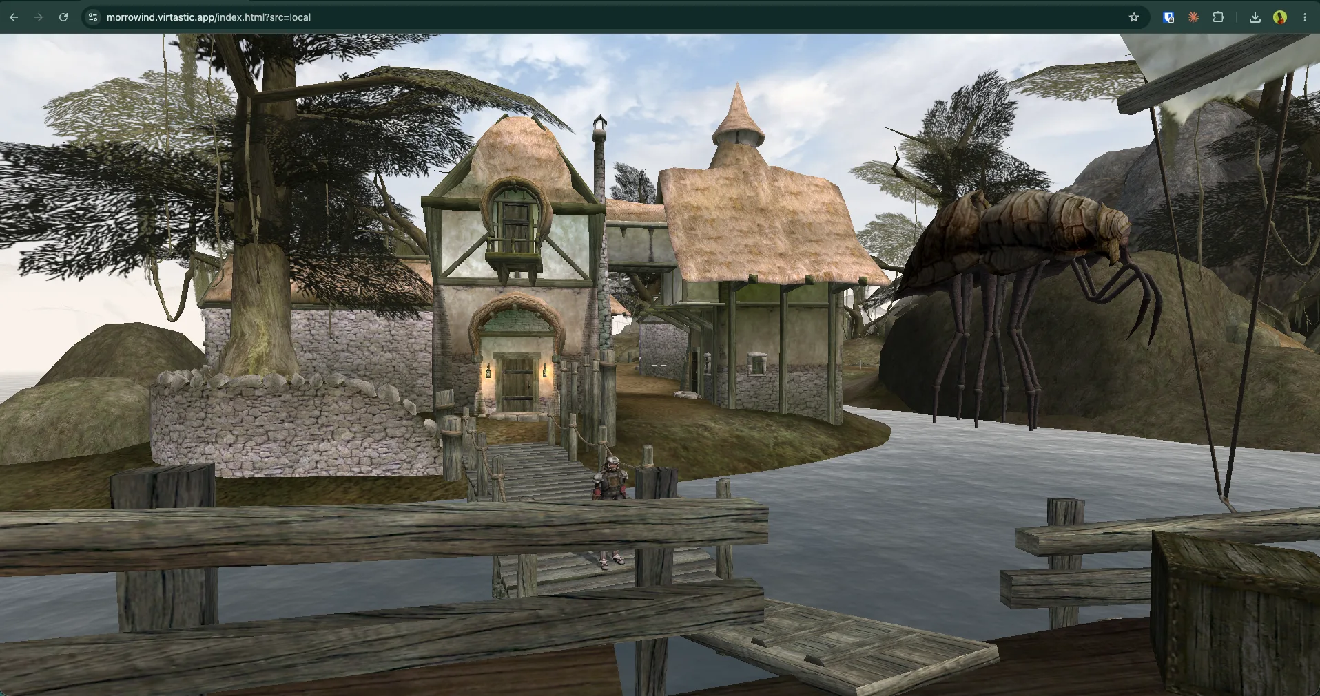 Morrowind's Seyda Neen rendered in a browser tab, a silt strider towering over the village