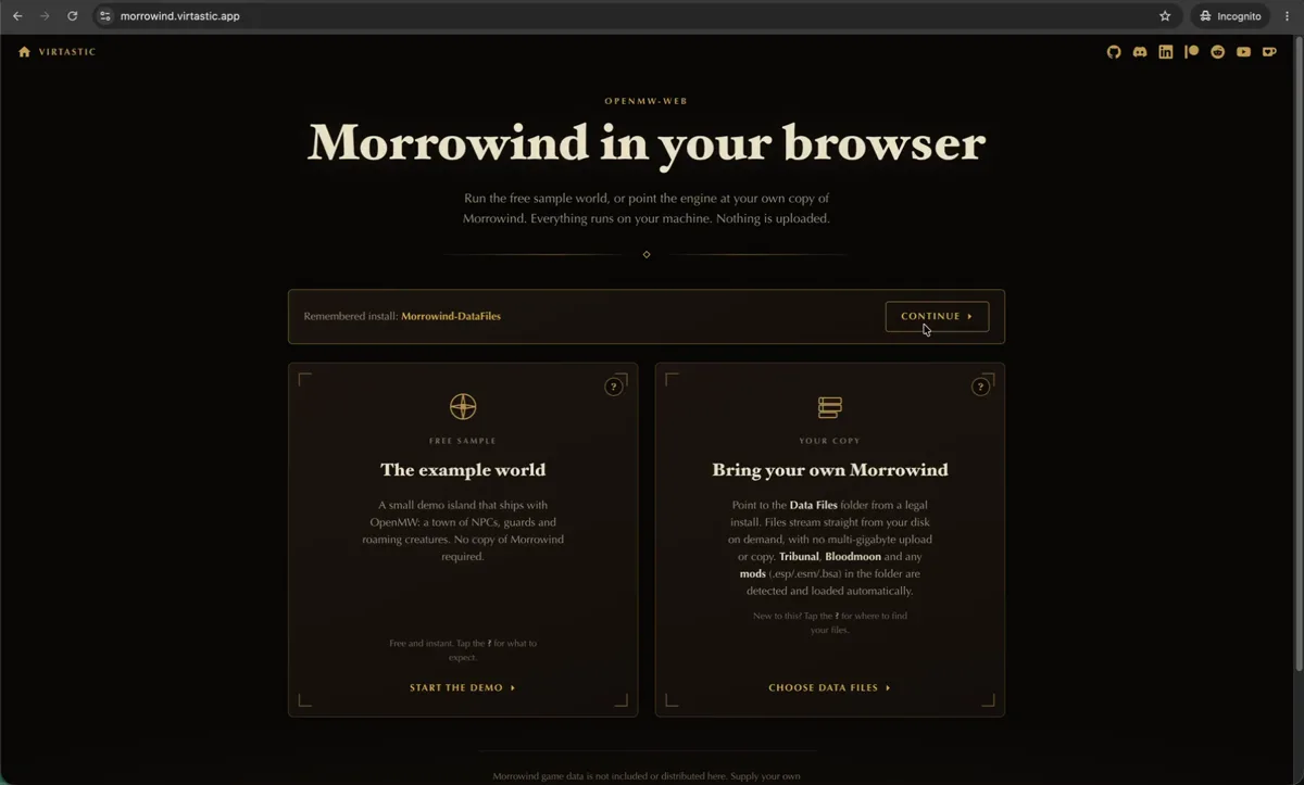 The openmw-web launcher offering a free example world or loading your own Morrowind data files from disk