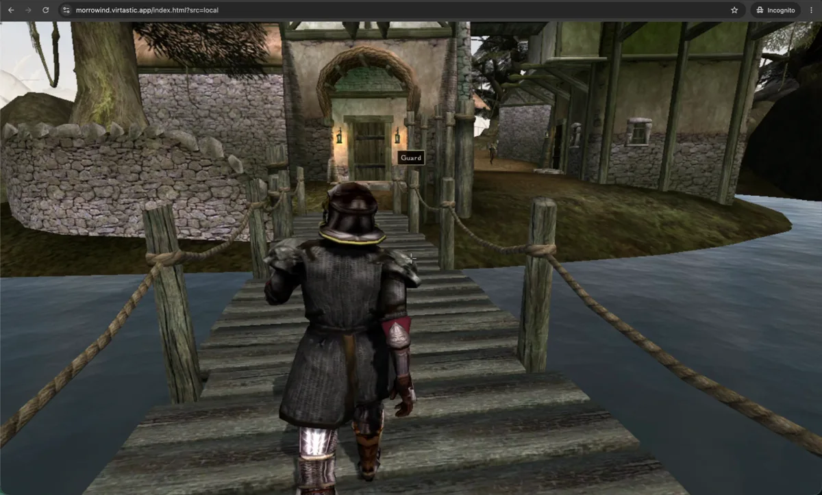 Morrowind running in a Chrome tab, the URL bar visible above the game