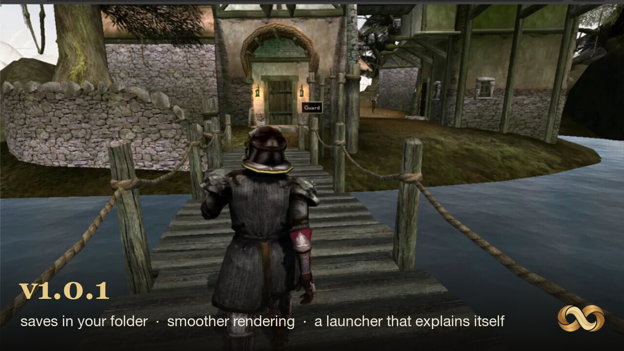 Morrowind gameplay with the v1.0.1 release highlights: saves in your folder, smoother rendering, a launcher that explains itself